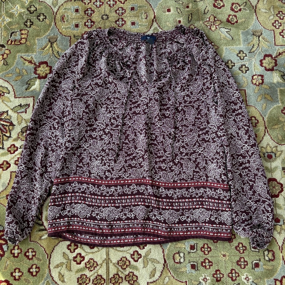 GAP Burgundy and White Paisley Blouse